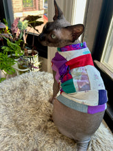 Load image into Gallery viewer, Purple red and teal floral patchwork cat shirt