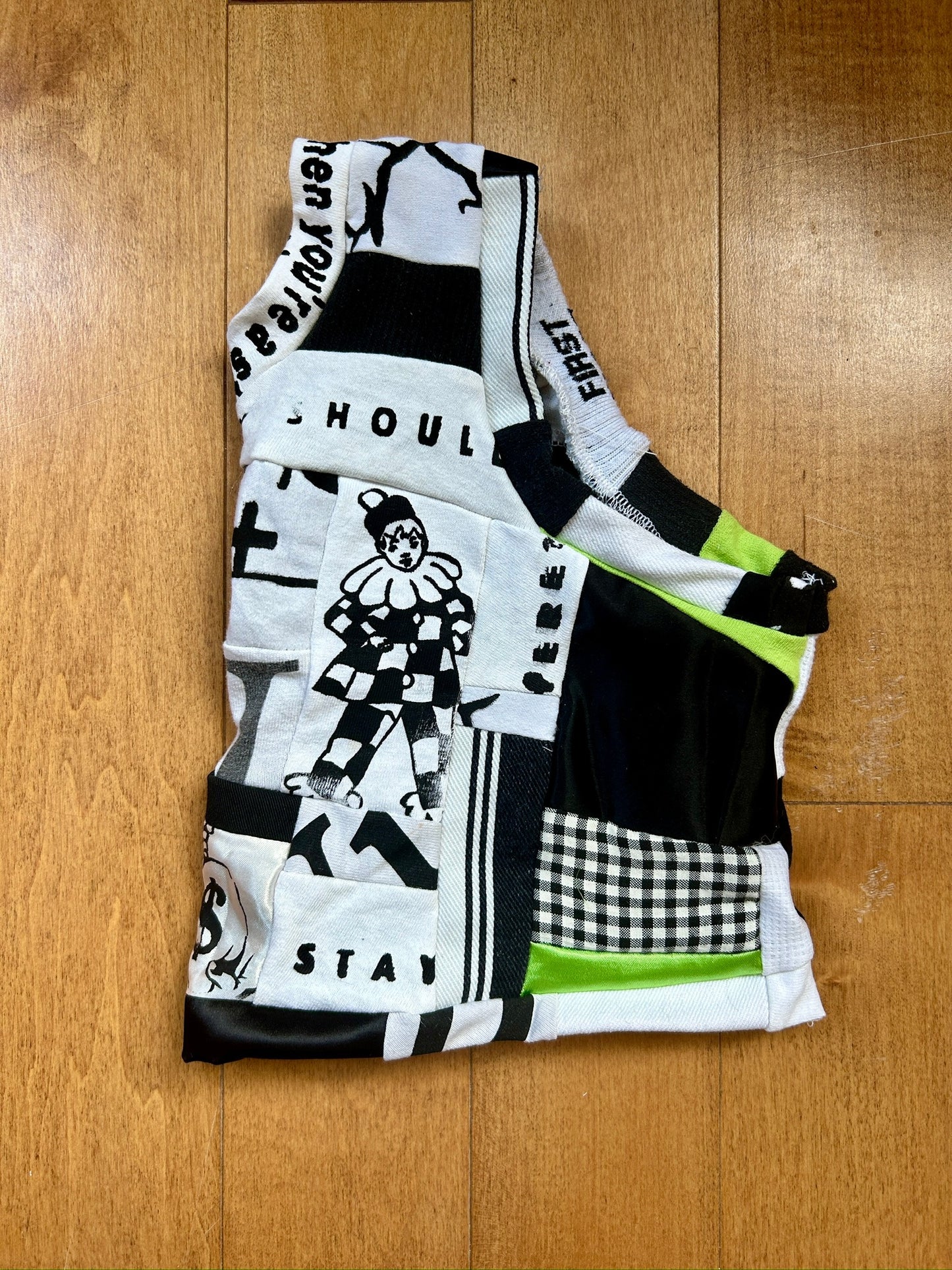 Black white and green patchwork cat shirt