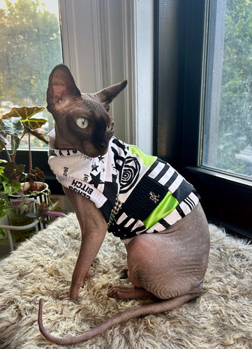 Black white and green patchwork cat shirt